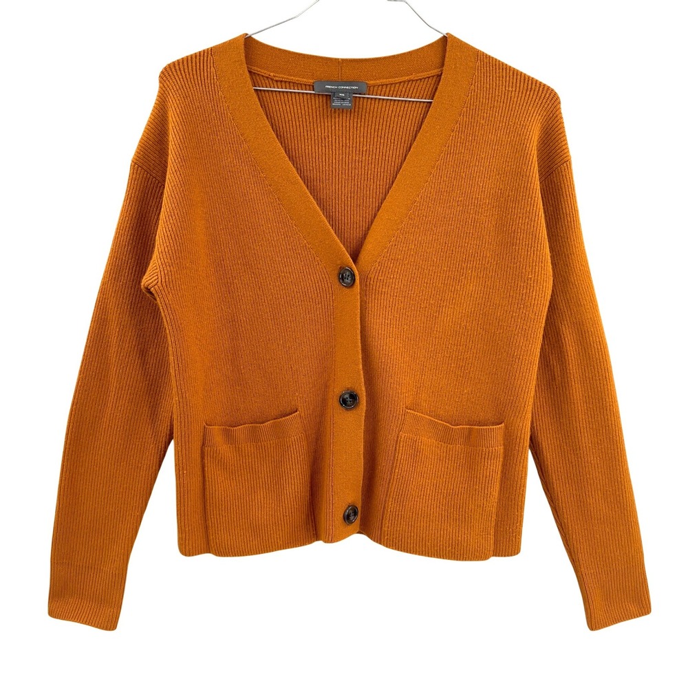 French Connection Tomasa Womens Burnt Orange Ribbed‎ Cardigan Y2K Twee XS